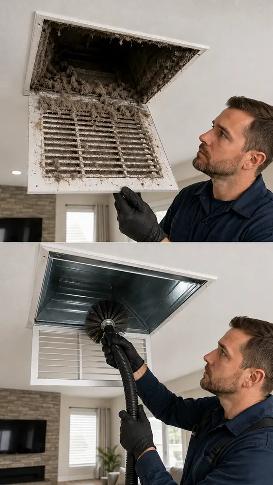Air duct cleaning technician working inside a Conroe TX home
