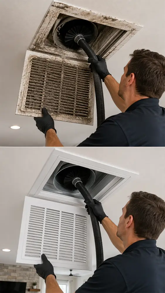 Air vent cleaning technician working inside a Conroe TX home