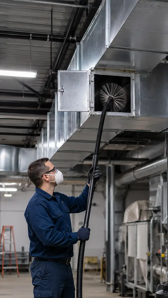 Commercial air duct cleaning specialist using professional equipment in Conroe Texas