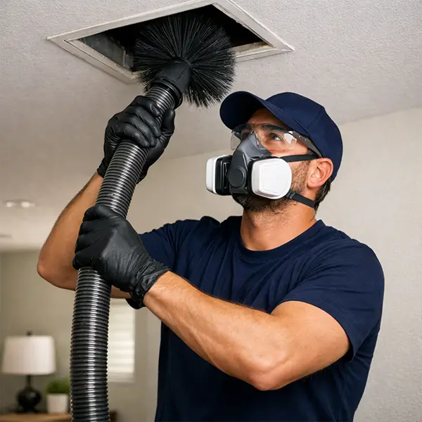 Technician providing complete commercial air duct cleaning services in Conroe Texas