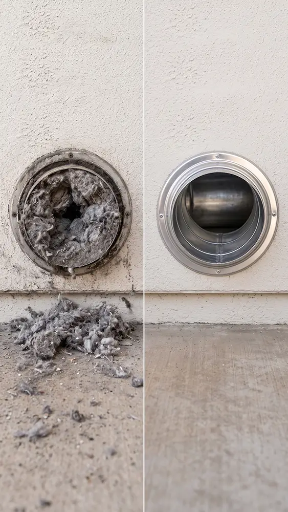 Dryer vent cleaning technician working inside a Conroe TX home