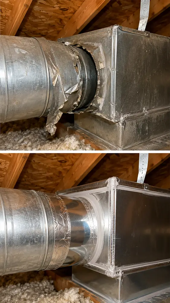 Duct repair and sealing technician working inside a Conroe TX home
