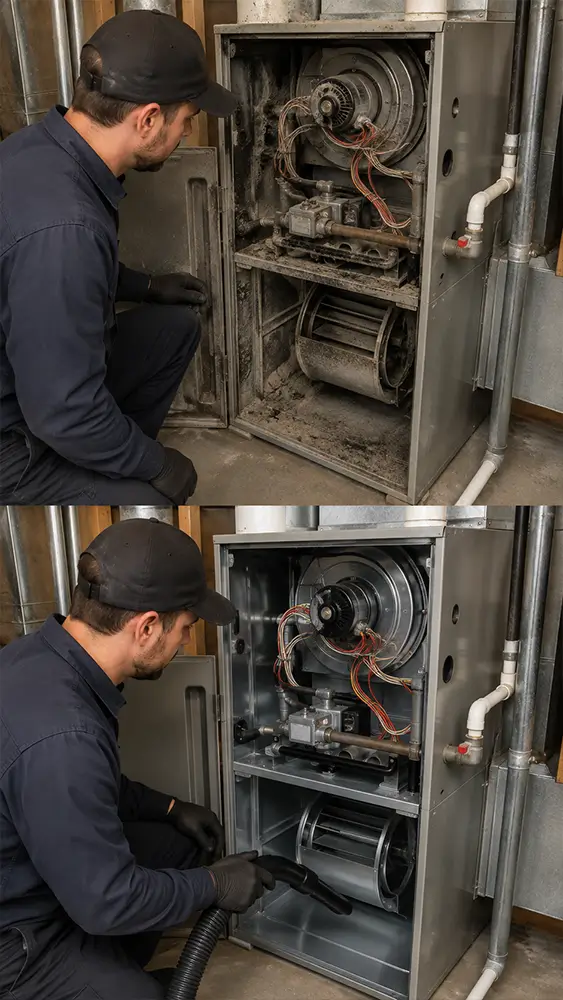 Furnace cleaning technician working inside a Conroe TX home