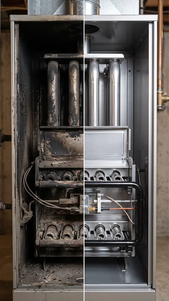 Heating and furnace technician using professional cleaning equipment in Conroe Texas