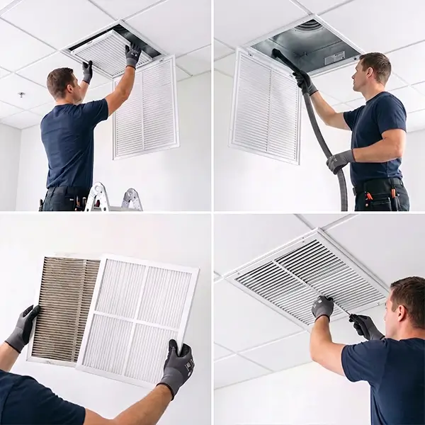 Technician providing complete air vent cleaning services in Conroe Texas