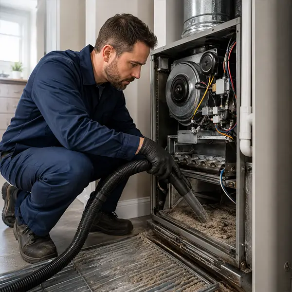 Technician providing complete furnace cleaning services in Conroe Texas