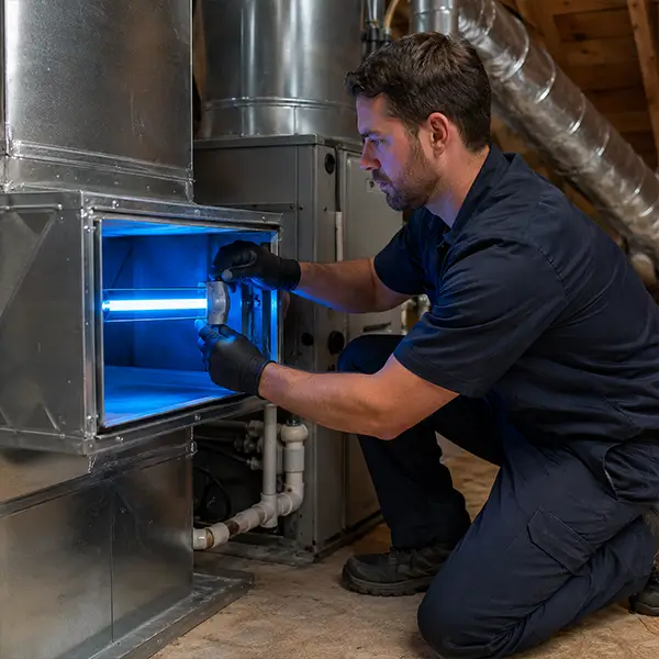 Professional UV light installation inspection in a Conroe Texas home