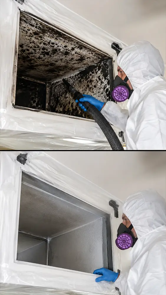 Mold removal technician working inside a Conroe TX home
