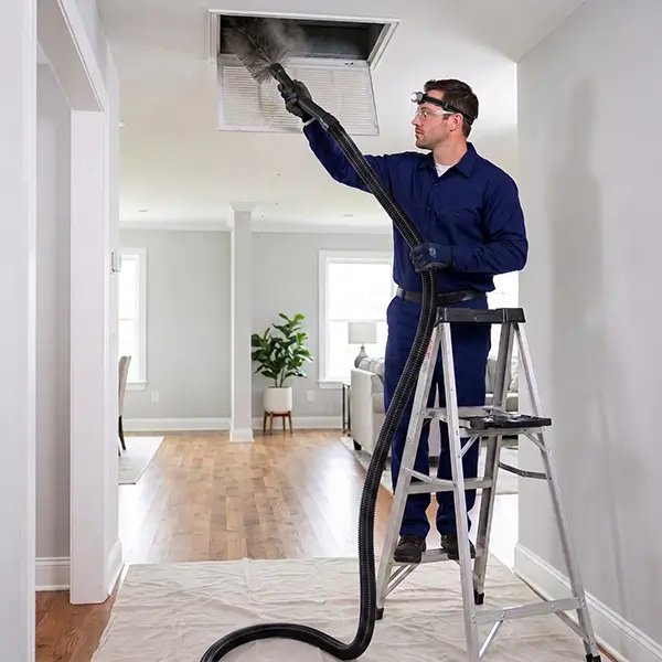 Professional technician cleaning residential air ducts in Conroe Texas