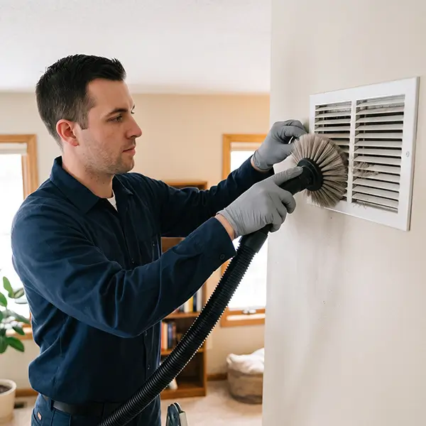 Professional technician cleaning residential air vents in Conroe Texas