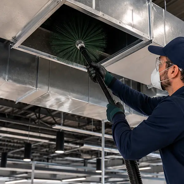 Professional technician performing commercial air duct cleaning in Conroe Texas