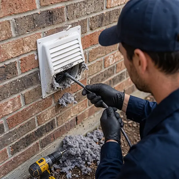 Professional technician cleaning residential dryer vents in Conroe Texas