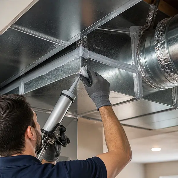 Professional technician performing duct repair and sealing in Conroe Texas