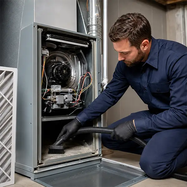 Professional technician cleaning residential furnace in Conroe Texas
