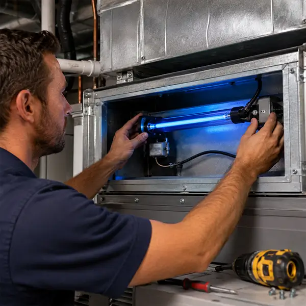 Professional technician performing UV light installation in Conroe Texas