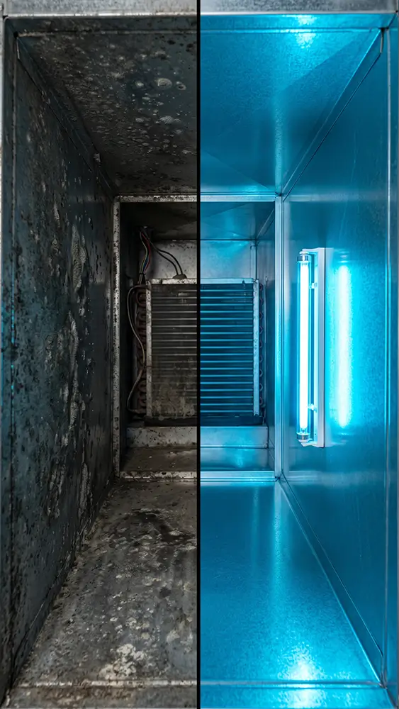 UV light installation technician working inside a Conroe TX home